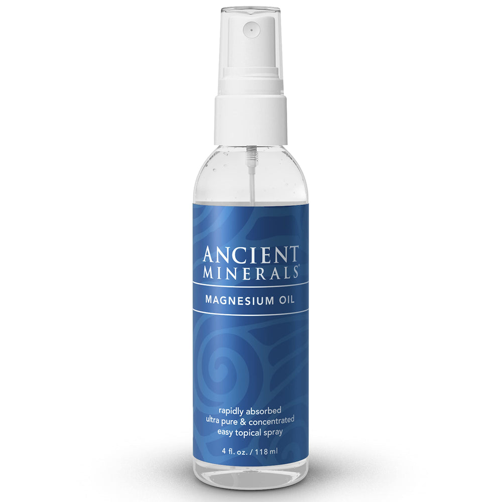 Ancient Minerals magnesium oil spray bottle closeup, highlighting purity and skin-friendly mineral care