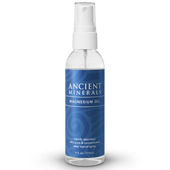 Ancient Minerals magnesium oil spray bottle closeup, highlighting purity and skin-friendly mineral care