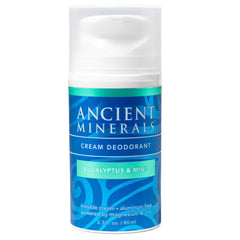 Ancient Minerals deodorant cream bottle shows aluminum-free odor protection.