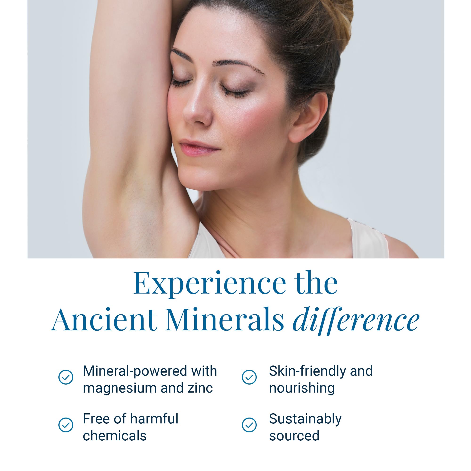 Ancient Minerals underarm application motion shows quick-absorb, no residue.