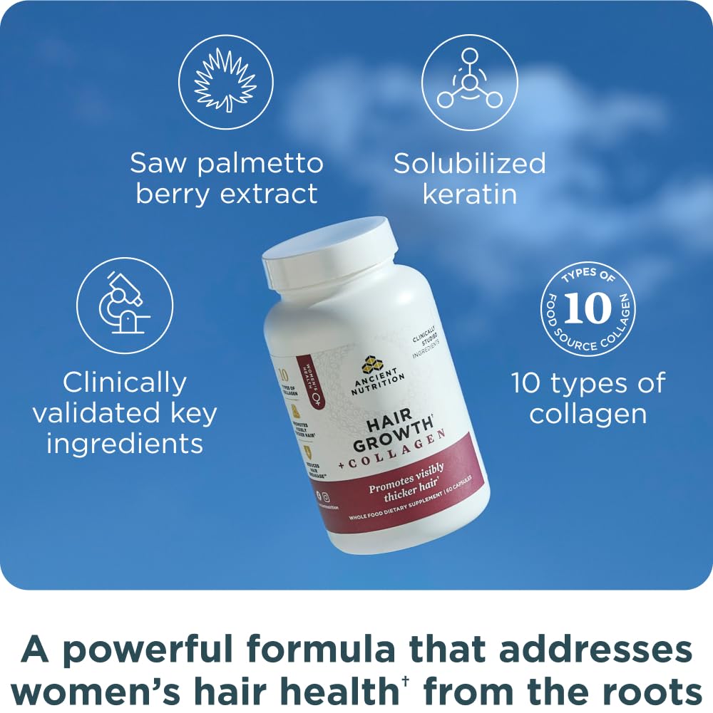 Ancient Nutrition superfoods-blend shot suggesting nourished hair vitality.