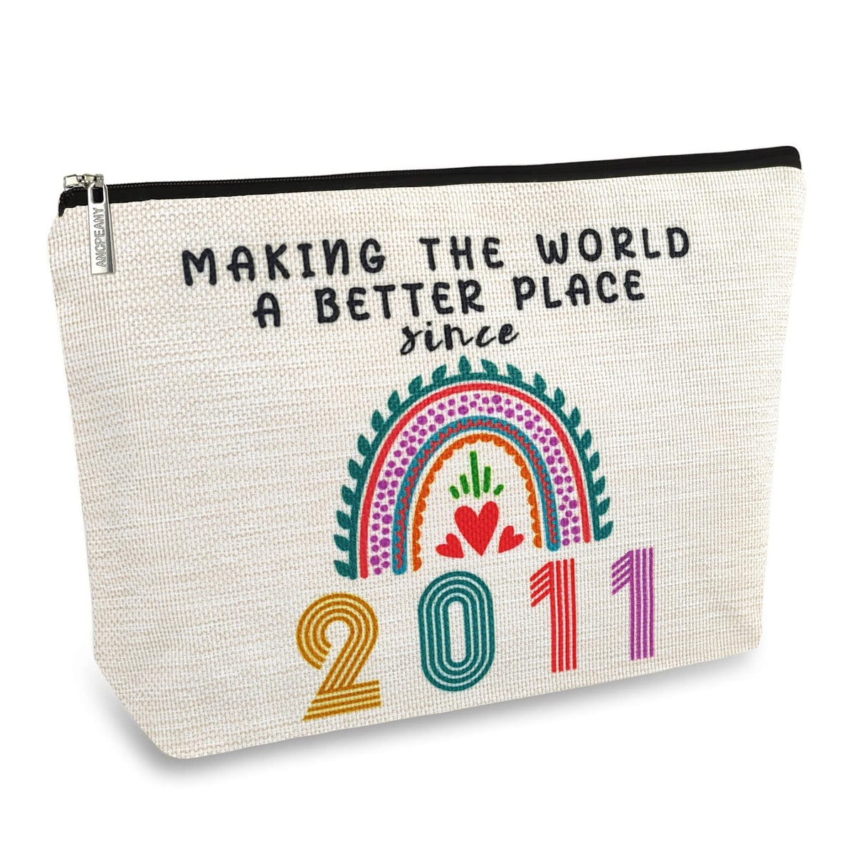 ancpeany 14-year makeup pouch front view highlights durable flax fabric for daily use.