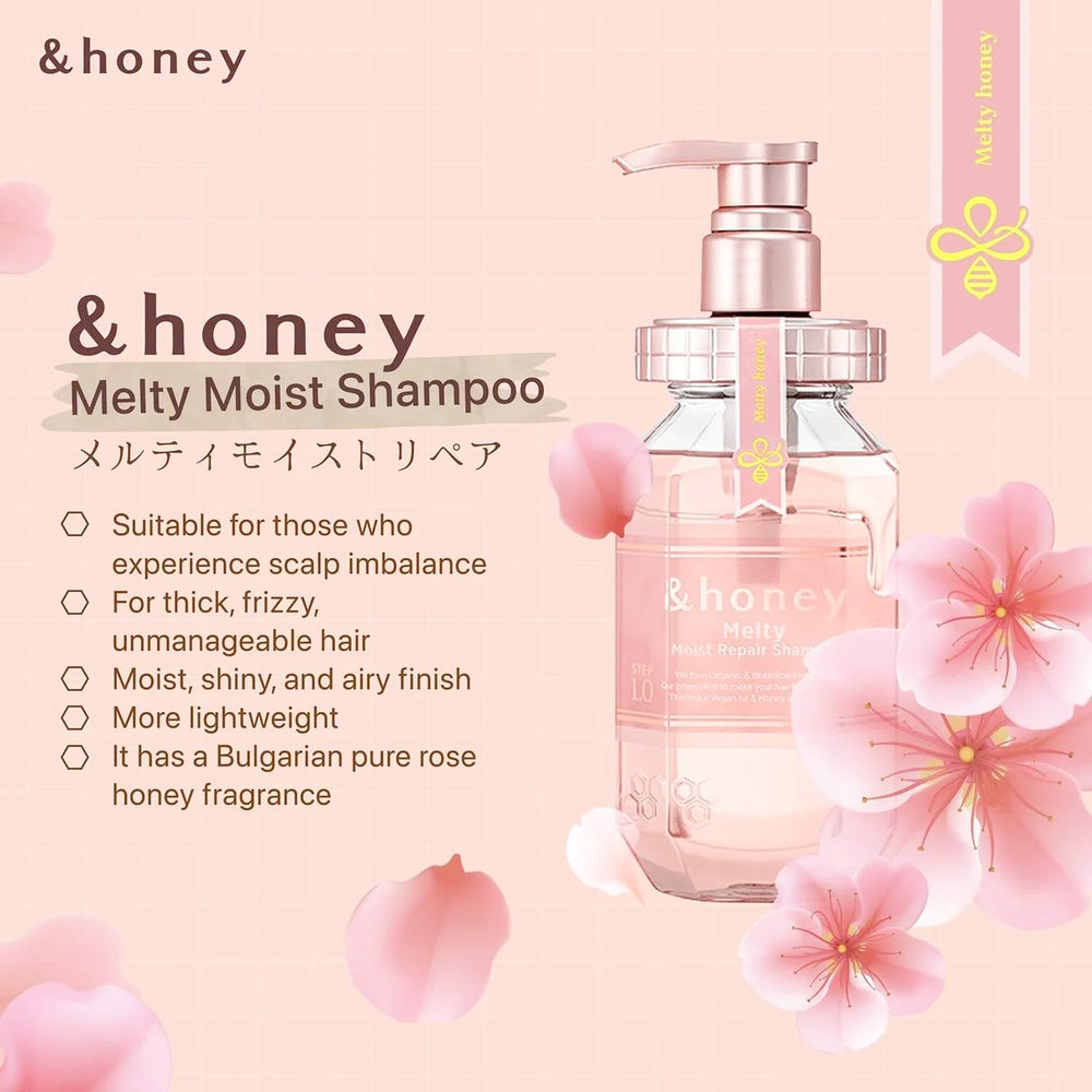 And Honey Melty Moist Repair Conditioner tube highlights hyaluronic acid for lasting moisture and shine.