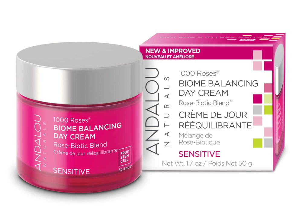Andalou Naturals 1000 Roses Day Cream jar closeup showing silky texture for smoother skin.