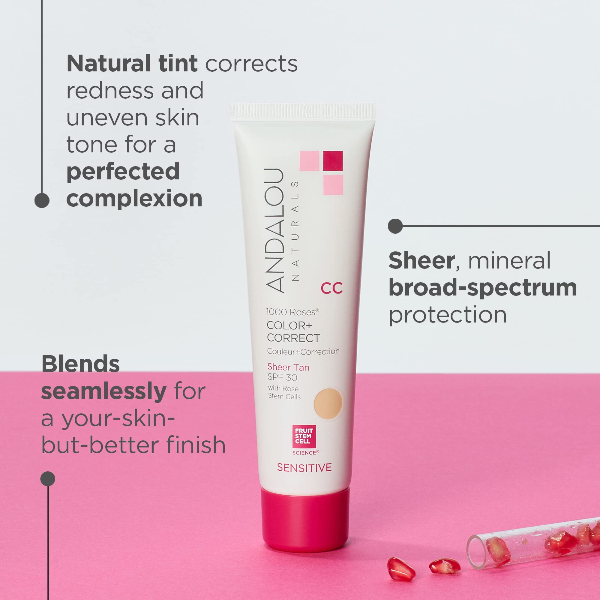 Andalou Naturals 1000 Roses CC swatch on skin demonstrates an even-toned glow.