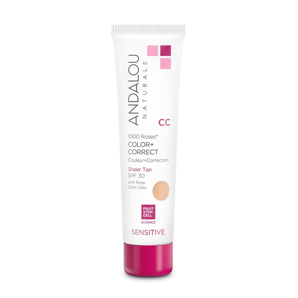 Andalou Naturals 1000 Roses CC SPF30 tube closeup shows sheer coverage and sun protection.