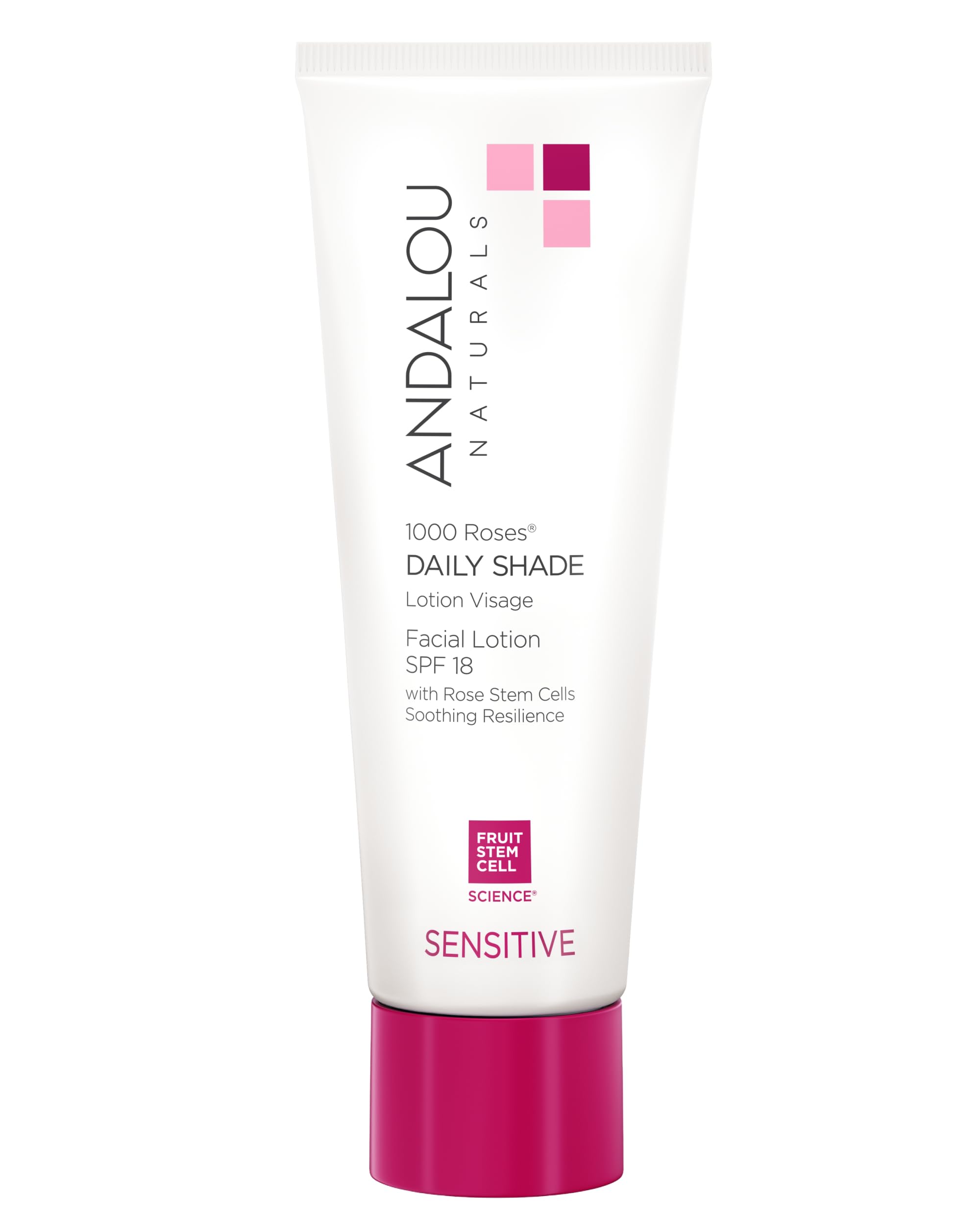 Andalou Naturals 1000 Roses SPF18 bottle for daily sun protection and hydration