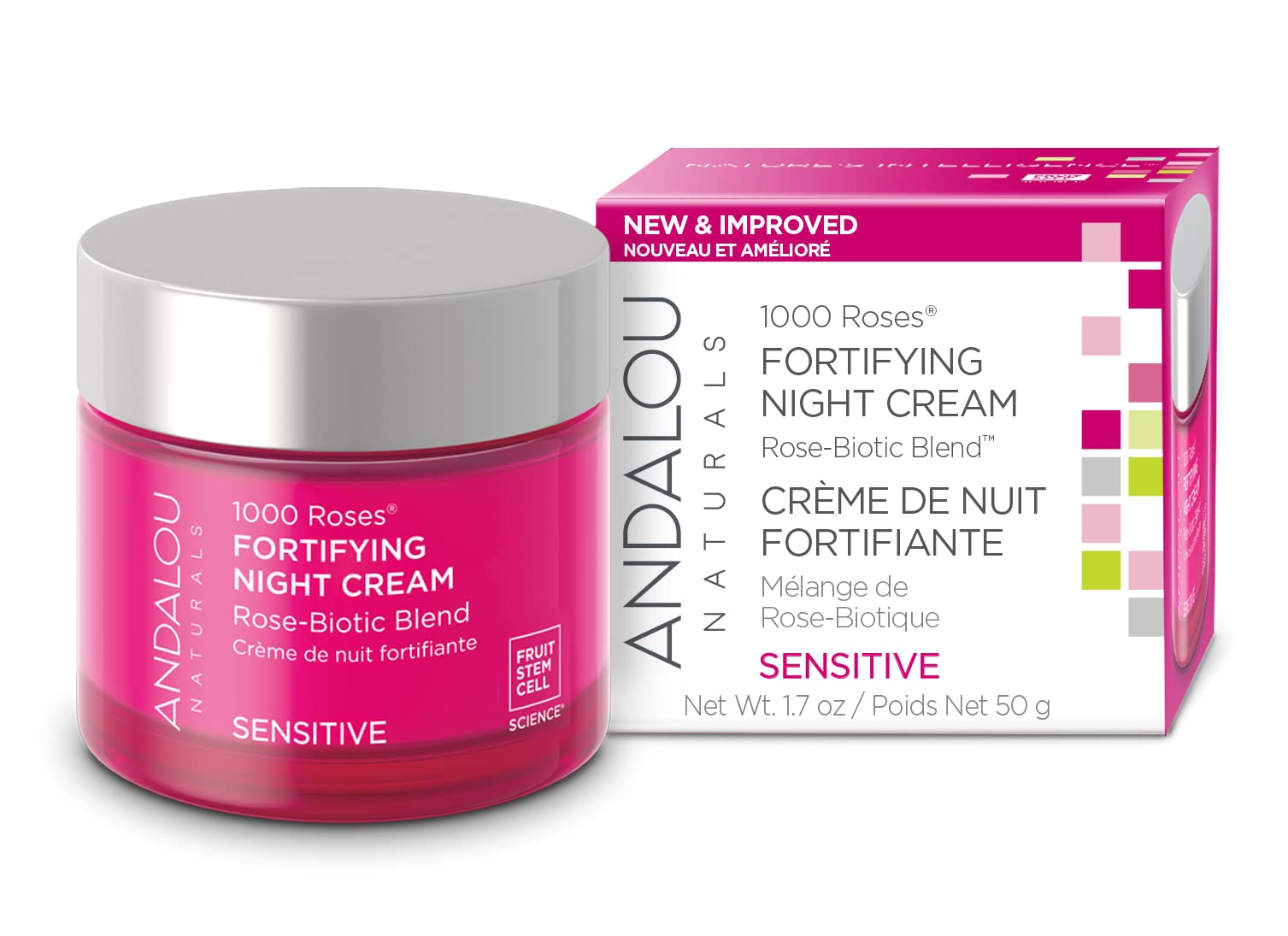 Andalou Naturals 1000 Roses Fortifying Night Cream jar shows rich overnight hydration for refreshed morning skin