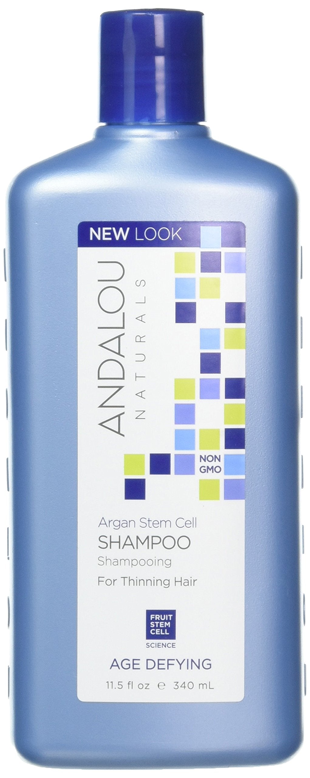 Andalou Naturals Argan Stem Cell Age Defying Shampoo bottle shot shows nourishing cleanse for daily care.