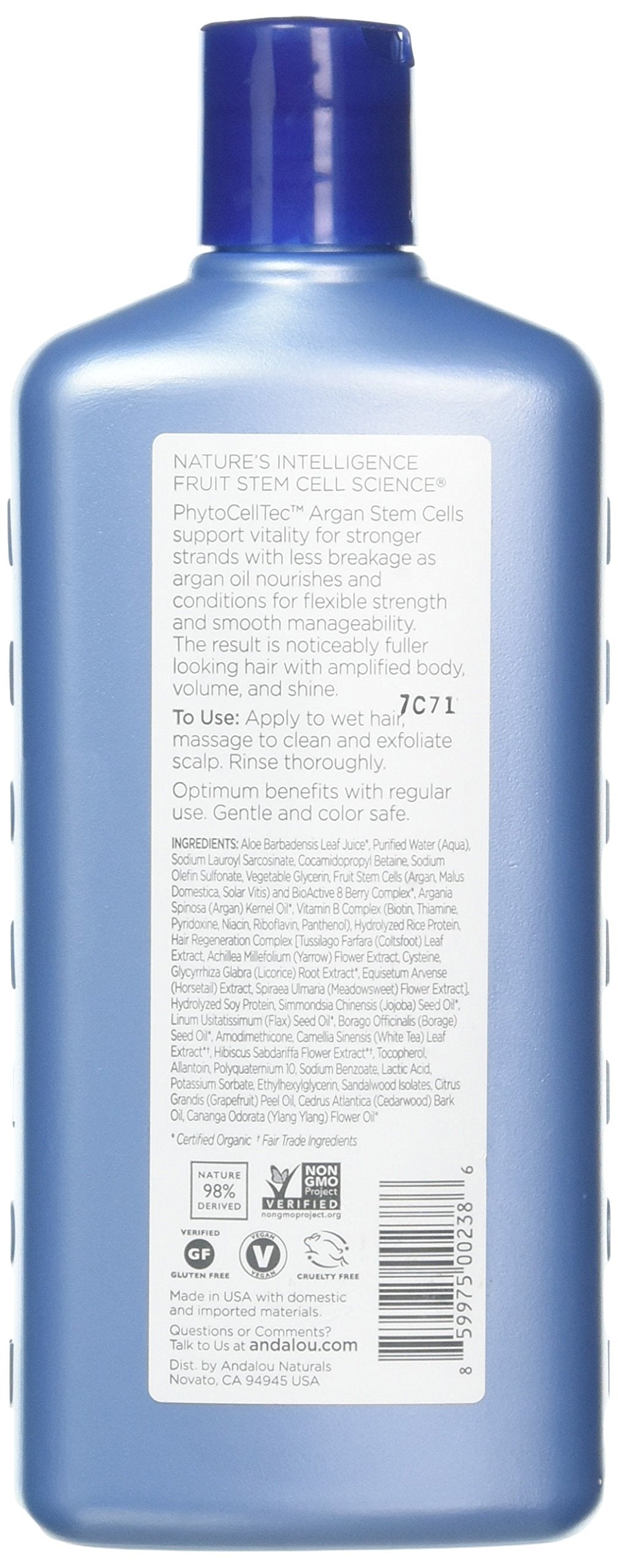 Andalou Naturals Argan Stem Cell Age Defying Shampoo lather closeup highlights detangling potential.