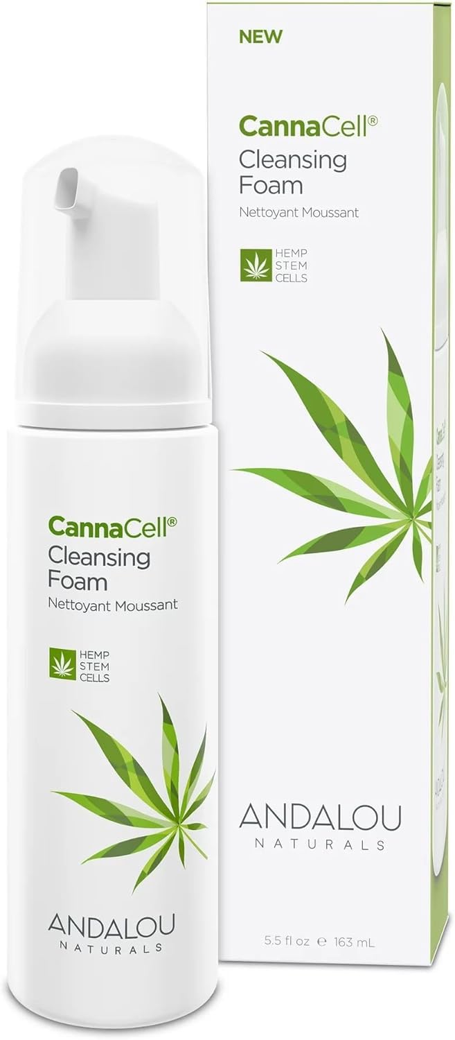 Andalou Naturals CannaCell Cleansing Foam bottle-front highlights gentle cleanse for sensitive skin.