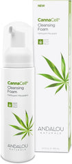 Andalou Naturals CannaCell Cleansing Foam bottle-front highlights gentle cleanse for sensitive skin.