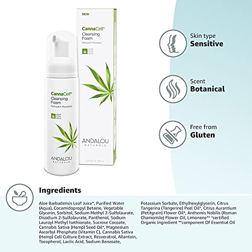 Andalou Naturals CannaCell Cleansing Foam vegan-formulation underscores cruelty-free ingredients.