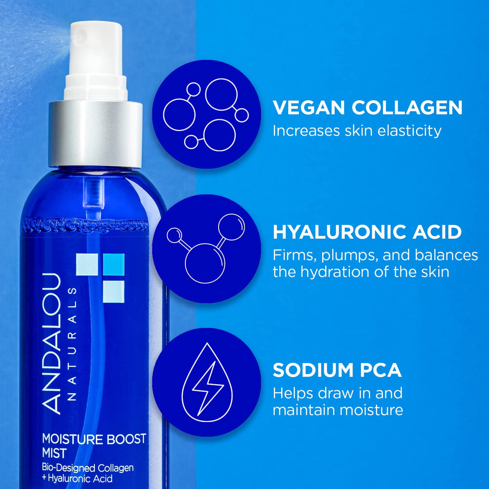 Andalou Naturals Face Mist ingredient label shows Bio-Designed Collagen and plant Hyaluronic Acid