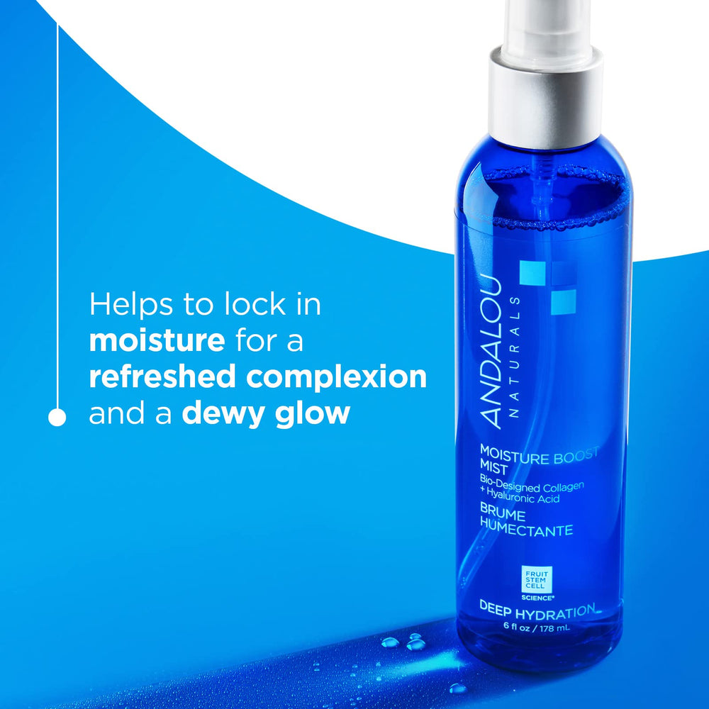 Andalou Naturals Face Mist spray closeup indicating quick refreshing mist for dehydrated skin