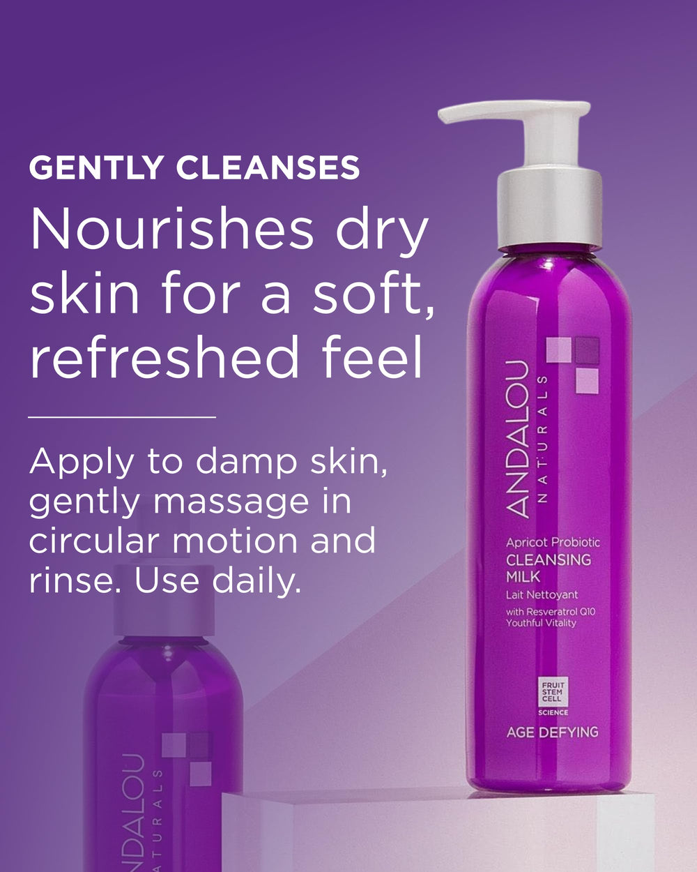 Andalou Naturals fruit stem cell complex apple-grape close-up suggests renewal-supporting skin benefits.