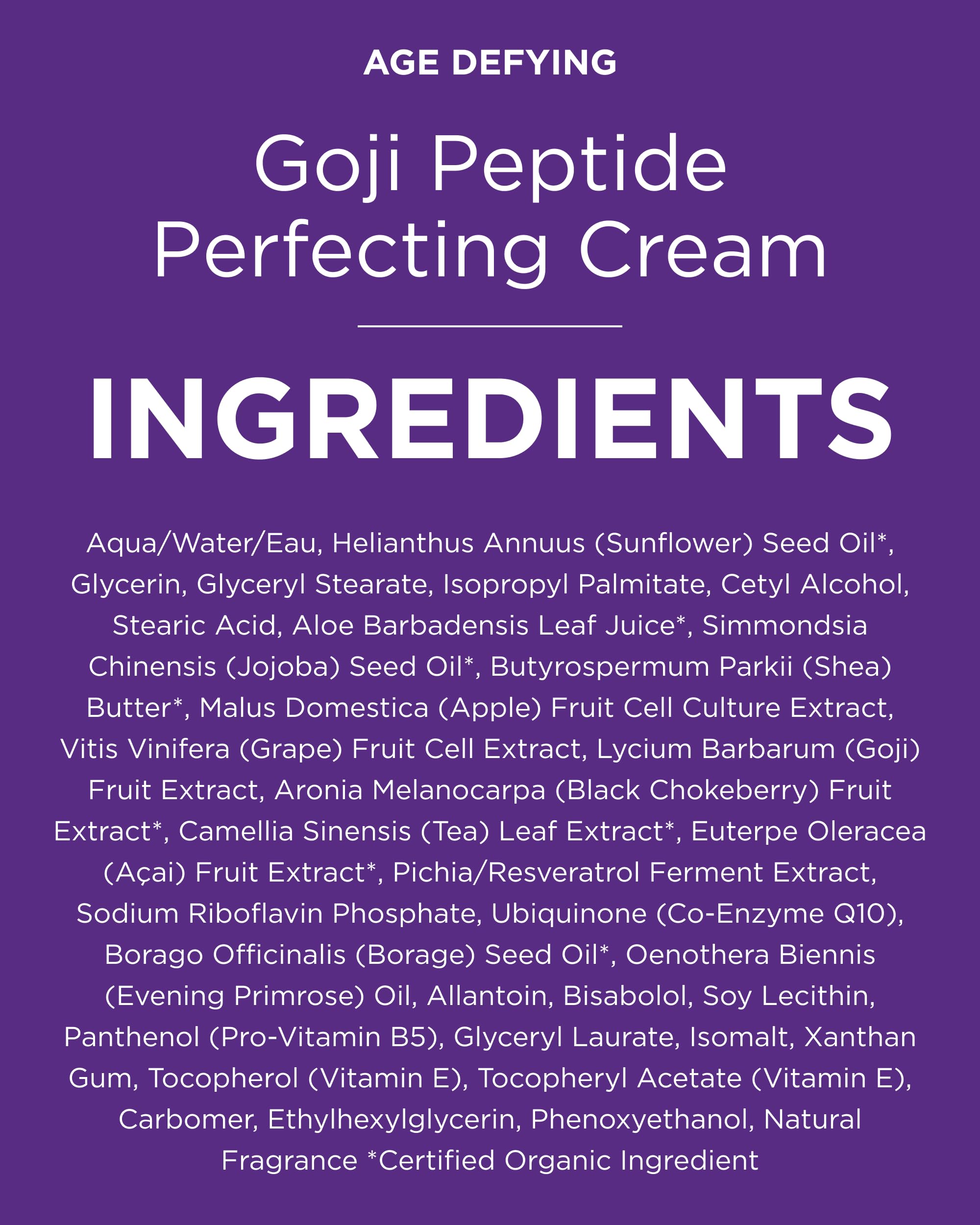Goji Peptide Cream shown as vegan and cruelty-free formula.