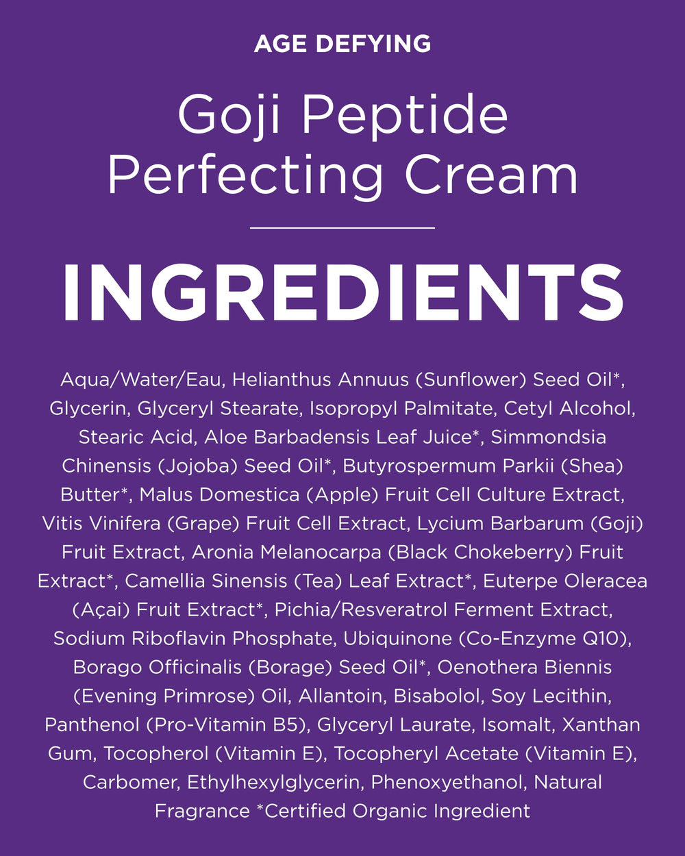 Goji Peptide Cream shown as vegan and cruelty-free formula.
