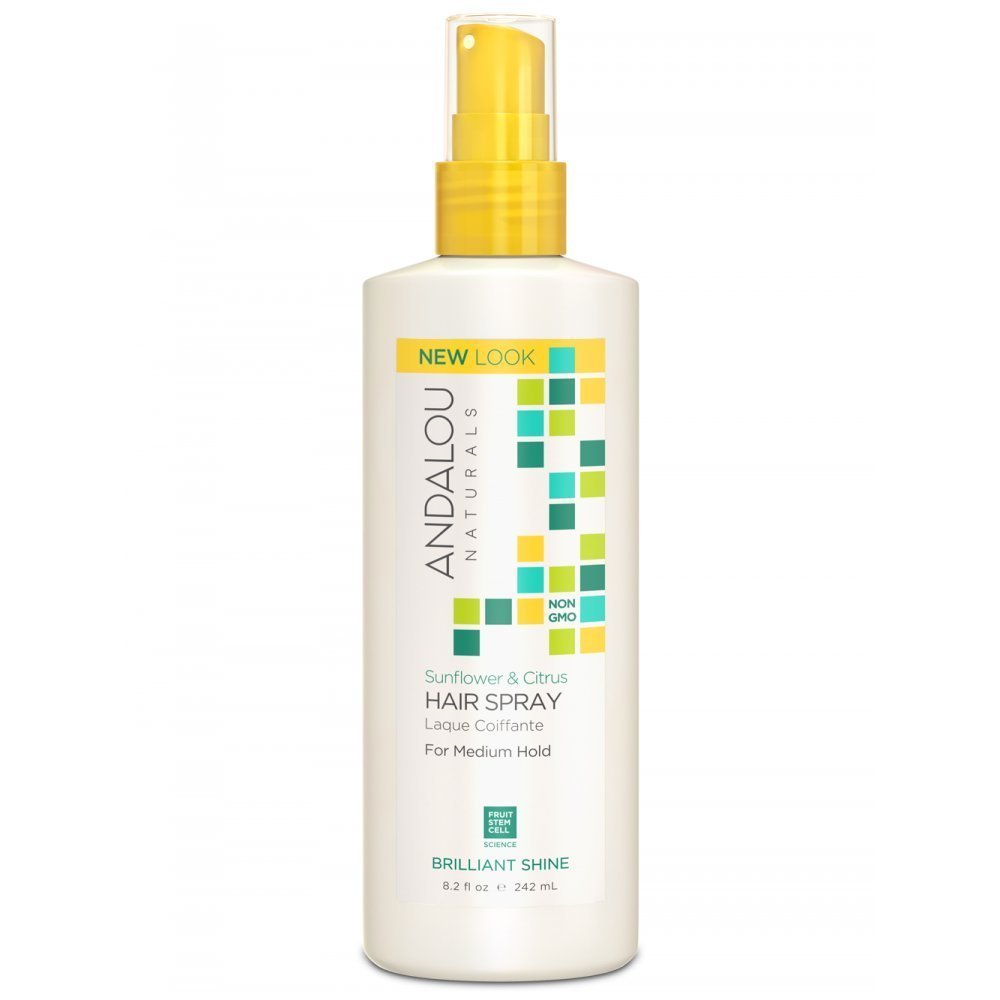 Andalou Naturals hair spray bottle with sunflower and citrus offers flexible hold for everyday styling.