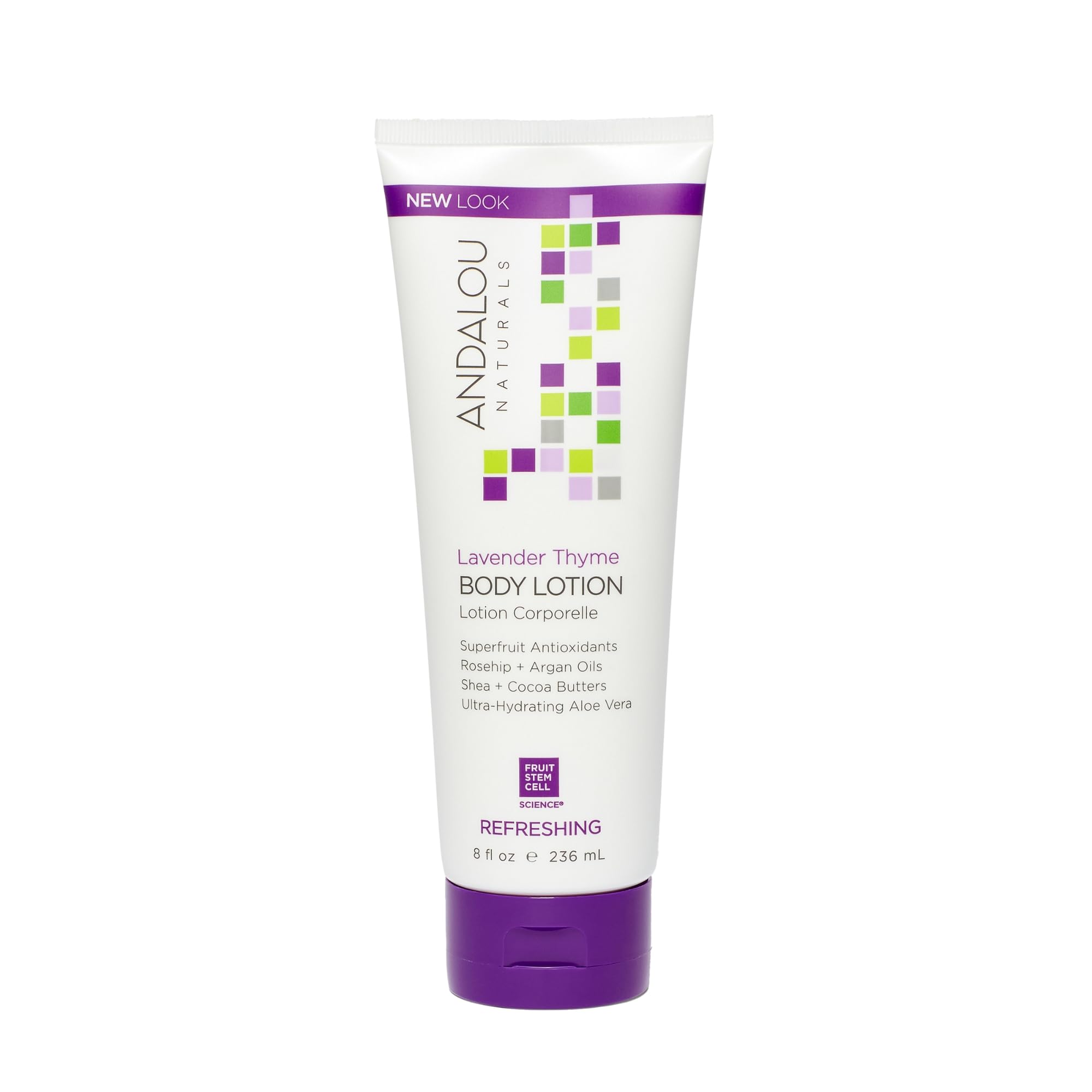 Andalou Naturals Lavender Thyme Refreshing Body Lotion bottle delivers cooling hydration for dry skin