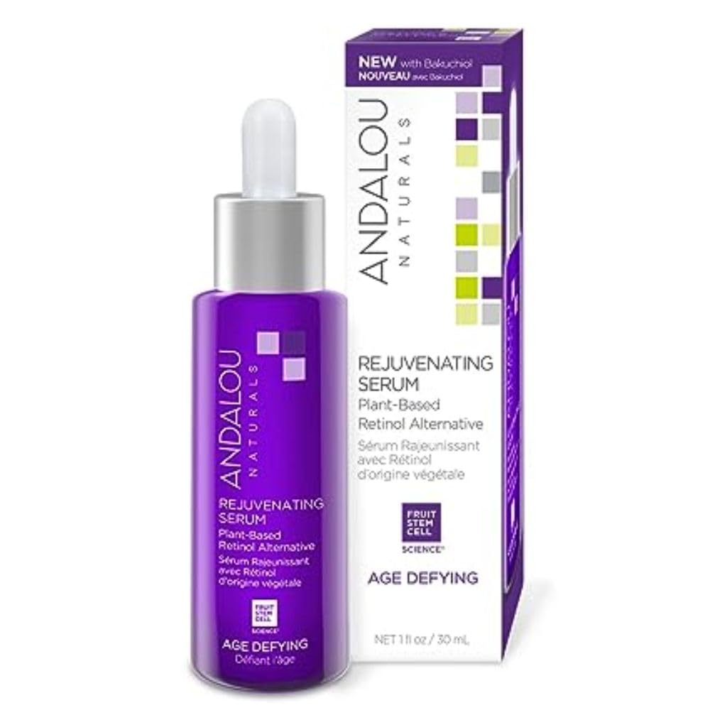 Andalou Naturals Rejuvenating Serum bottle close-up shows plant-based retinol for smoother skin.