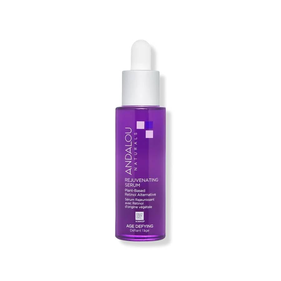 Andalou Naturals Rejuvenating Serum fruit stem cell icon displays antioxidants for vibrant complexion.