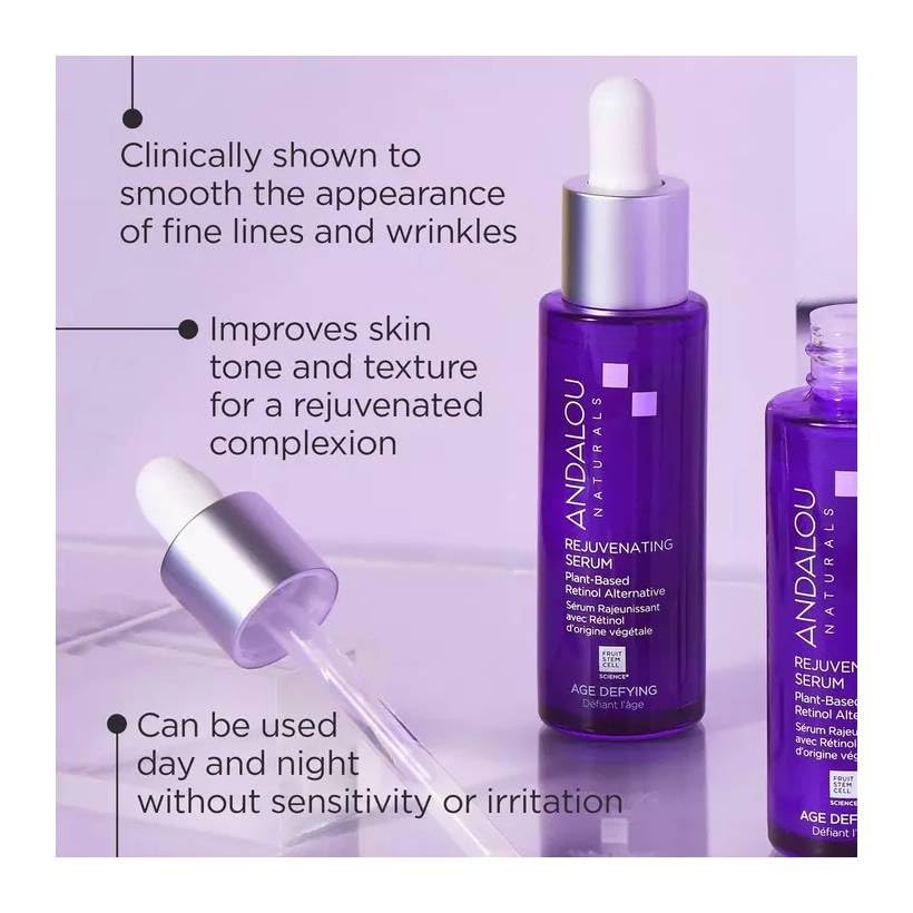 Andalou Naturals rejuvenating serum packaging label highlighting cruelty-free and fair trade stance.