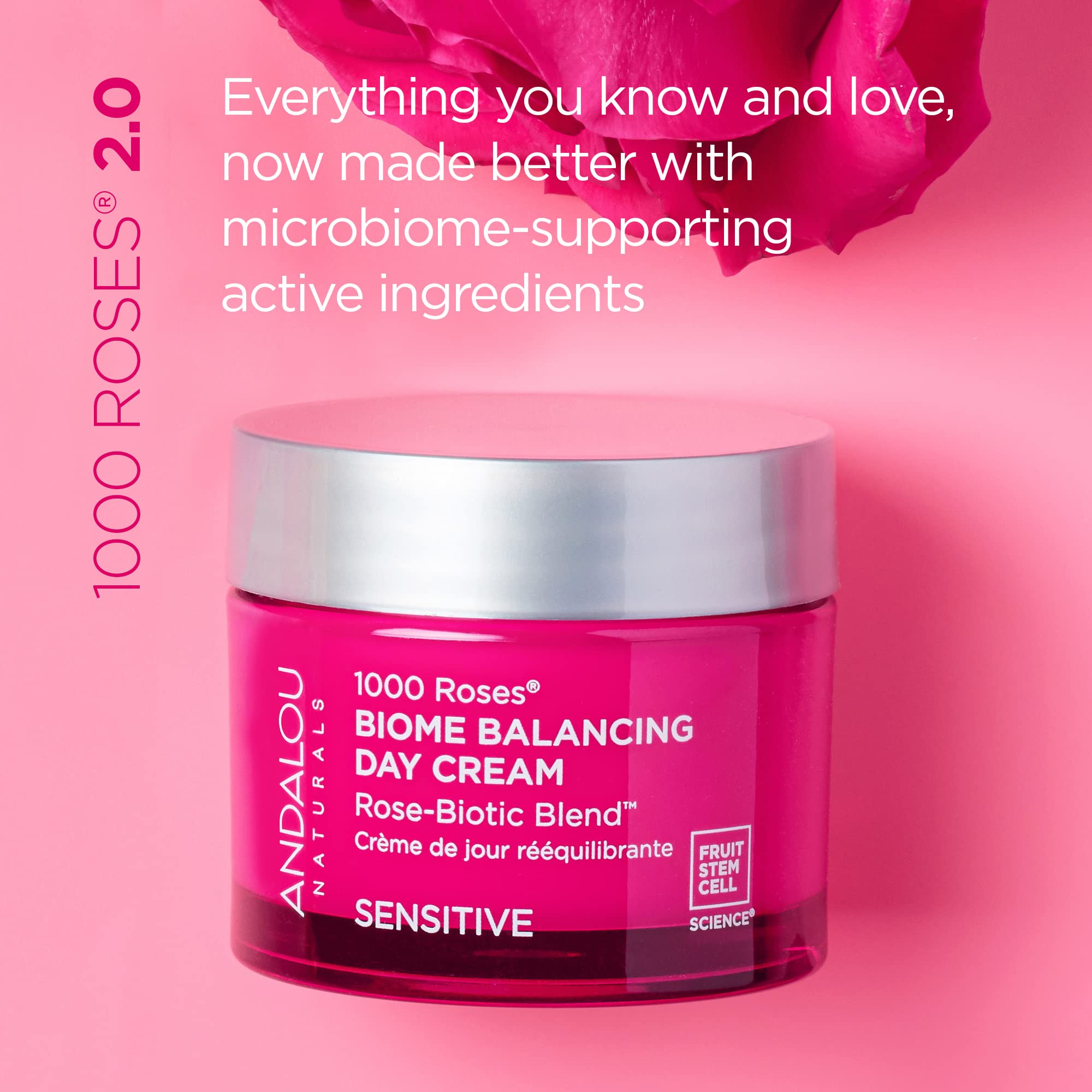 Andalou Naturals rose-biotic blend with Rosa Centifolia extract for gentle soothing.
