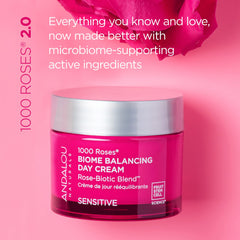 Andalou Naturals rose-biotic blend with Rosa Centifolia extract for gentle soothing.