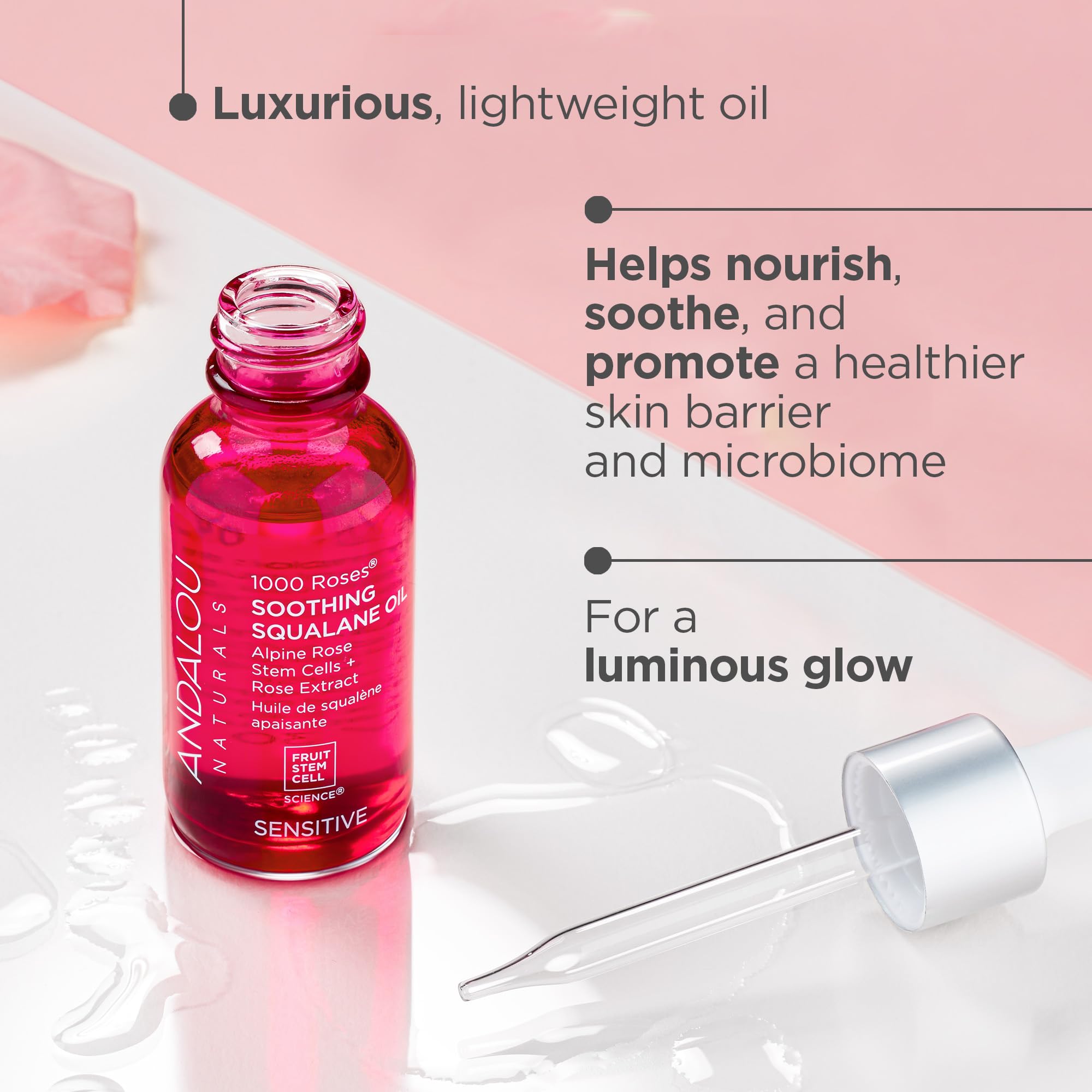 Andalou Naturals Rose Extract closeup highlights floral ingredients for gentle skincare.