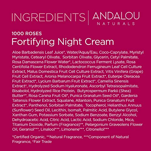 Andalou Naturals 1000 Roses Night Cream rose petal background evokes soothing night routine