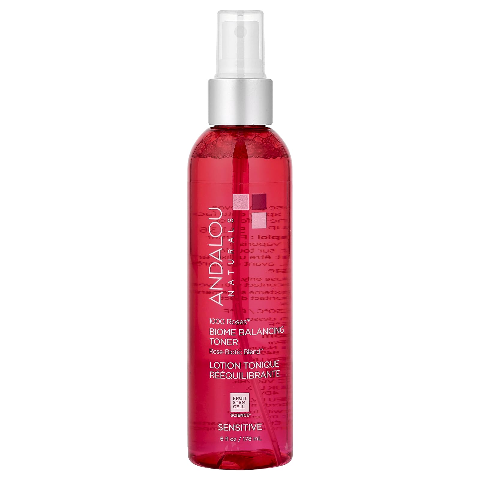 Andalou Naturals 1000 Roses Biome Balancing Toner bottle promoting skin balance and hydration.