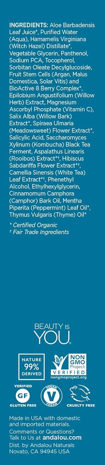 Andalou Naturals Willow Bark Toner ingredients featuring willow bark and aloe for balance.