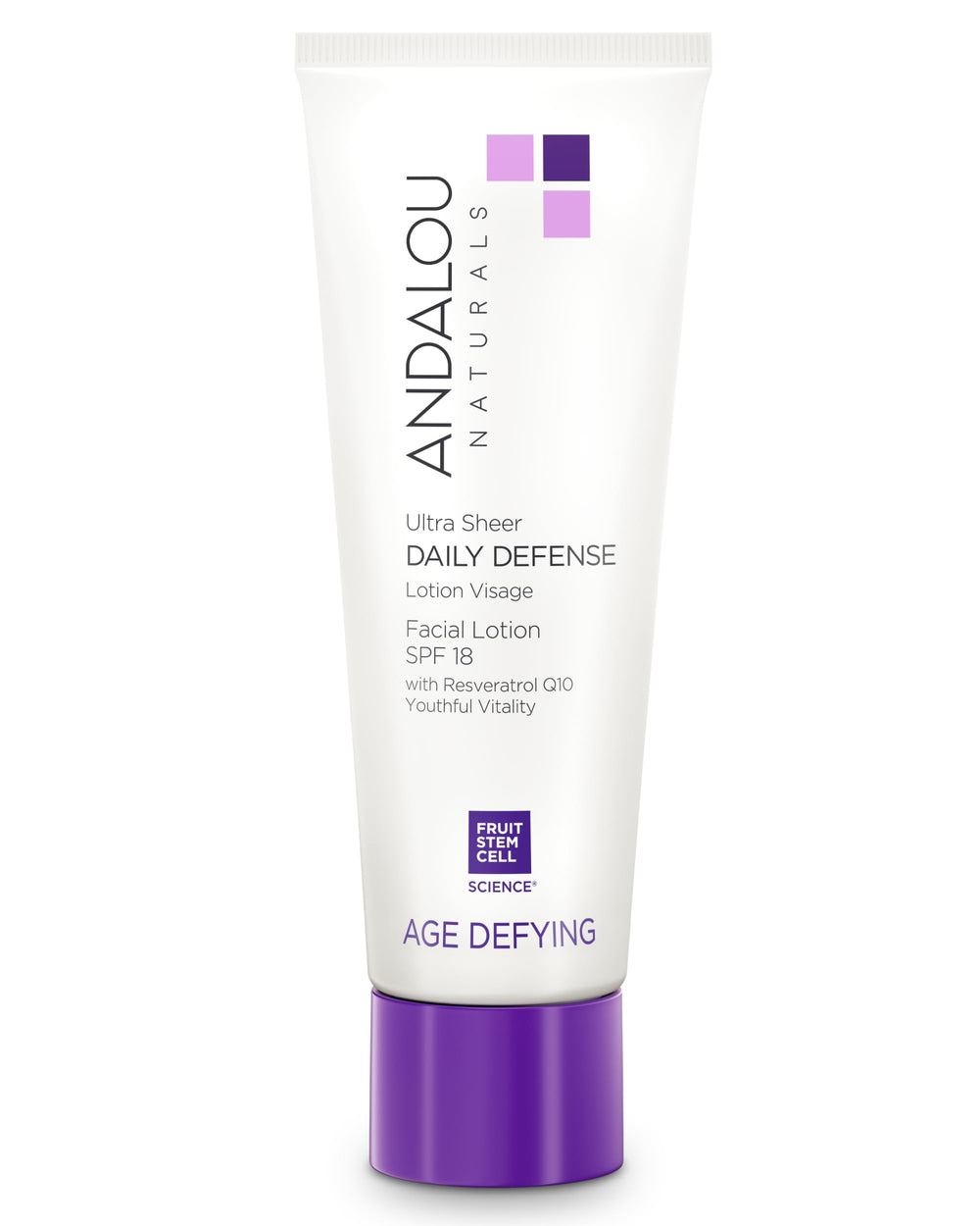 Andalou Naturals Age Defying Ultra Sheer SPF18 bottle highlights lightweight sun protection