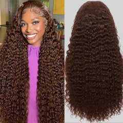 Anderah 30-inch chocolate brown deep wave wig front view shows natural-looking part and fullness.