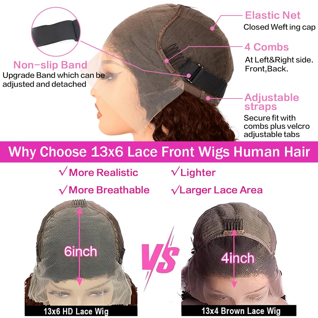 Anderah wig with four combs and adjustable straps for secure comfort.