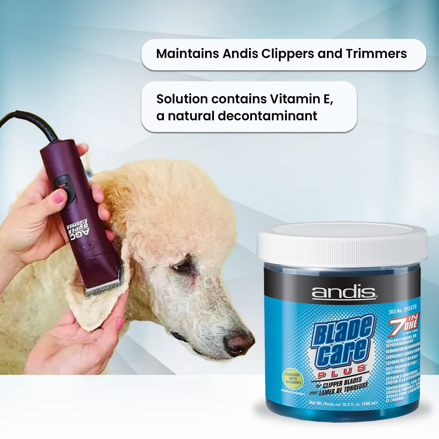 Andis Blade Care Plus Jar cap and label close-up emphasizes safe handling