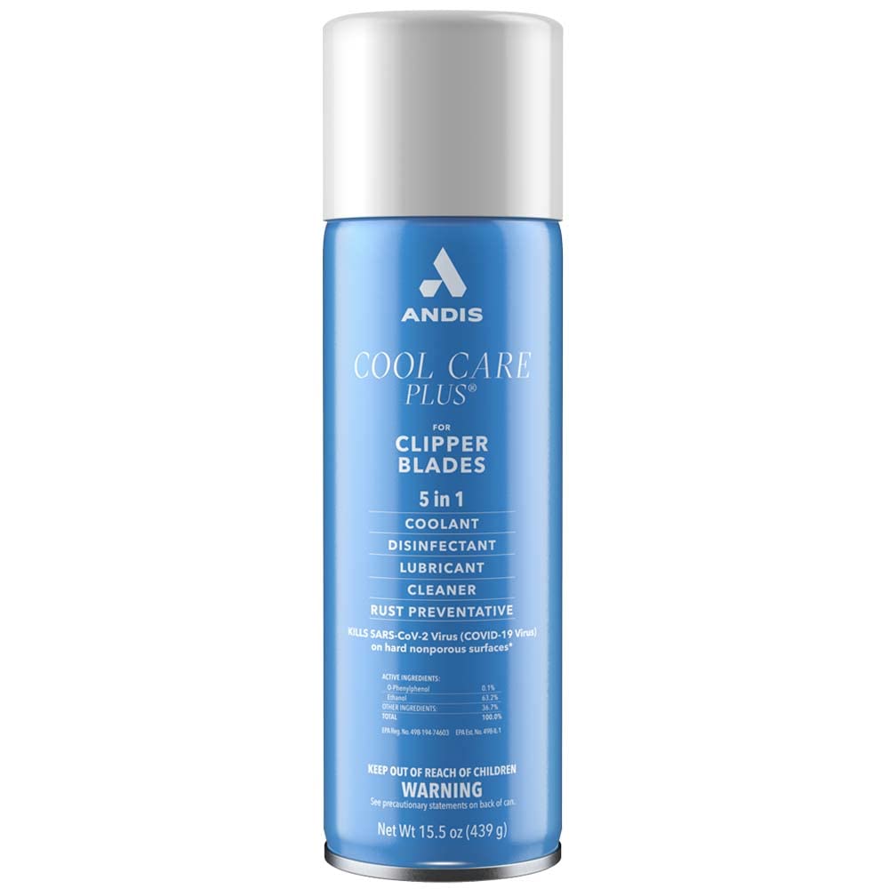Andis Cool Care Plus blade aerosol spray for clipper blades, ideal for quick cleaning and lubrication.