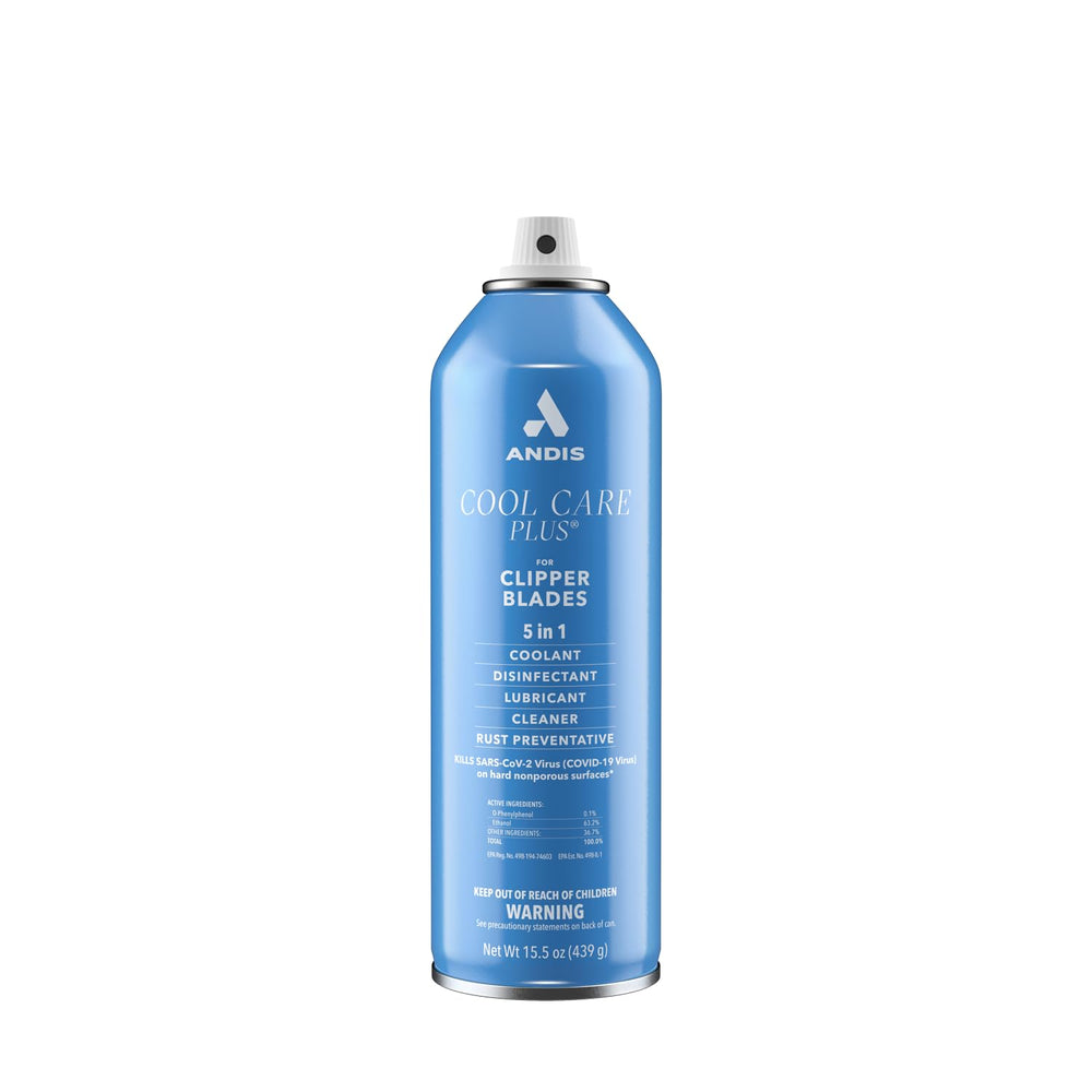 Andis Cool Care Plus blue packaging highlights all-in-one blade care.