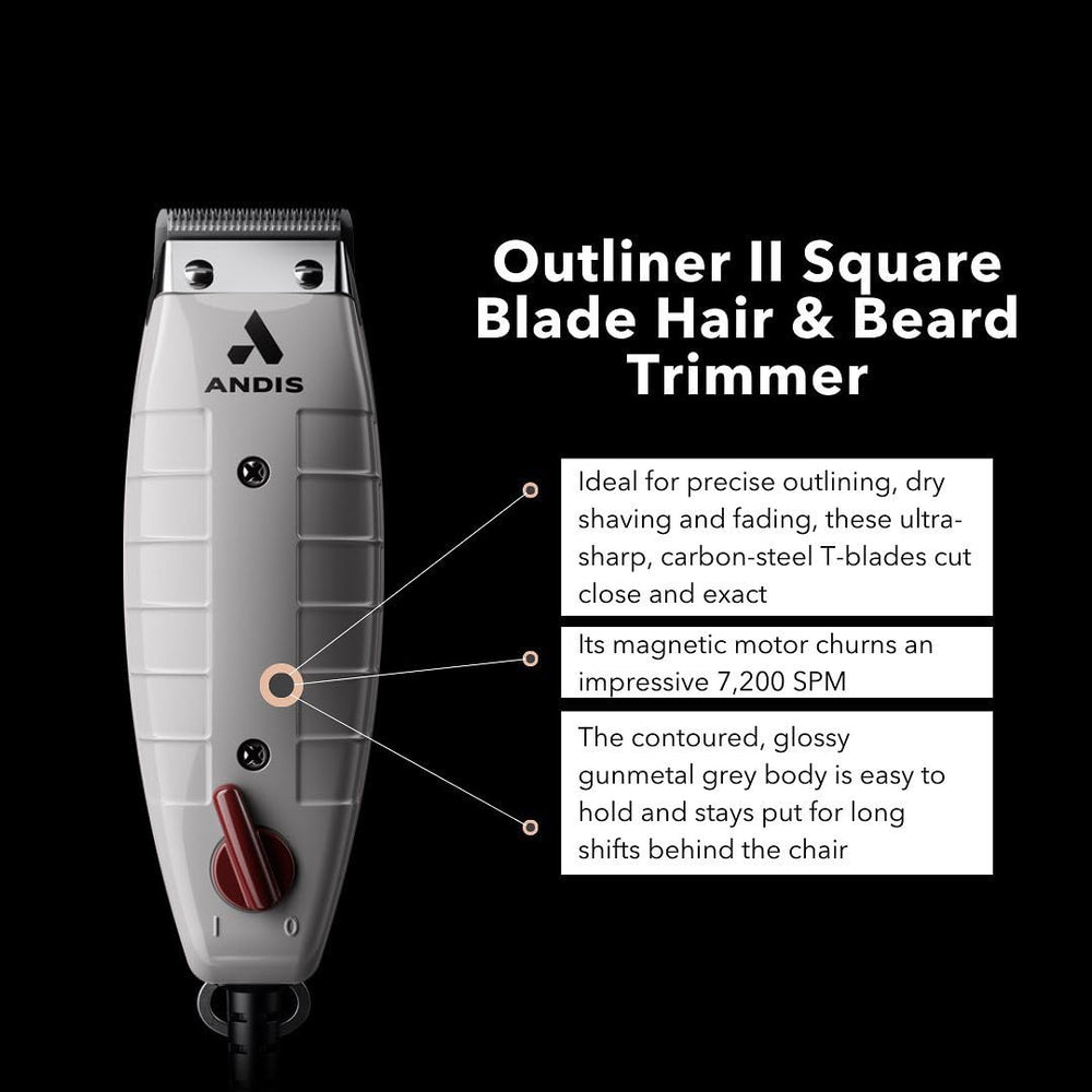 Andis Outliner II carbon steel blade close-up emphasizing sharp, durable cutting