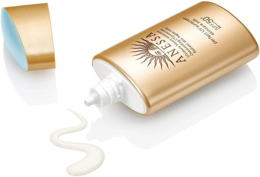 Anessa Perfect UV Sunscreen Milk A texture-swirl close-up shows milky texture ideal for light coverage.