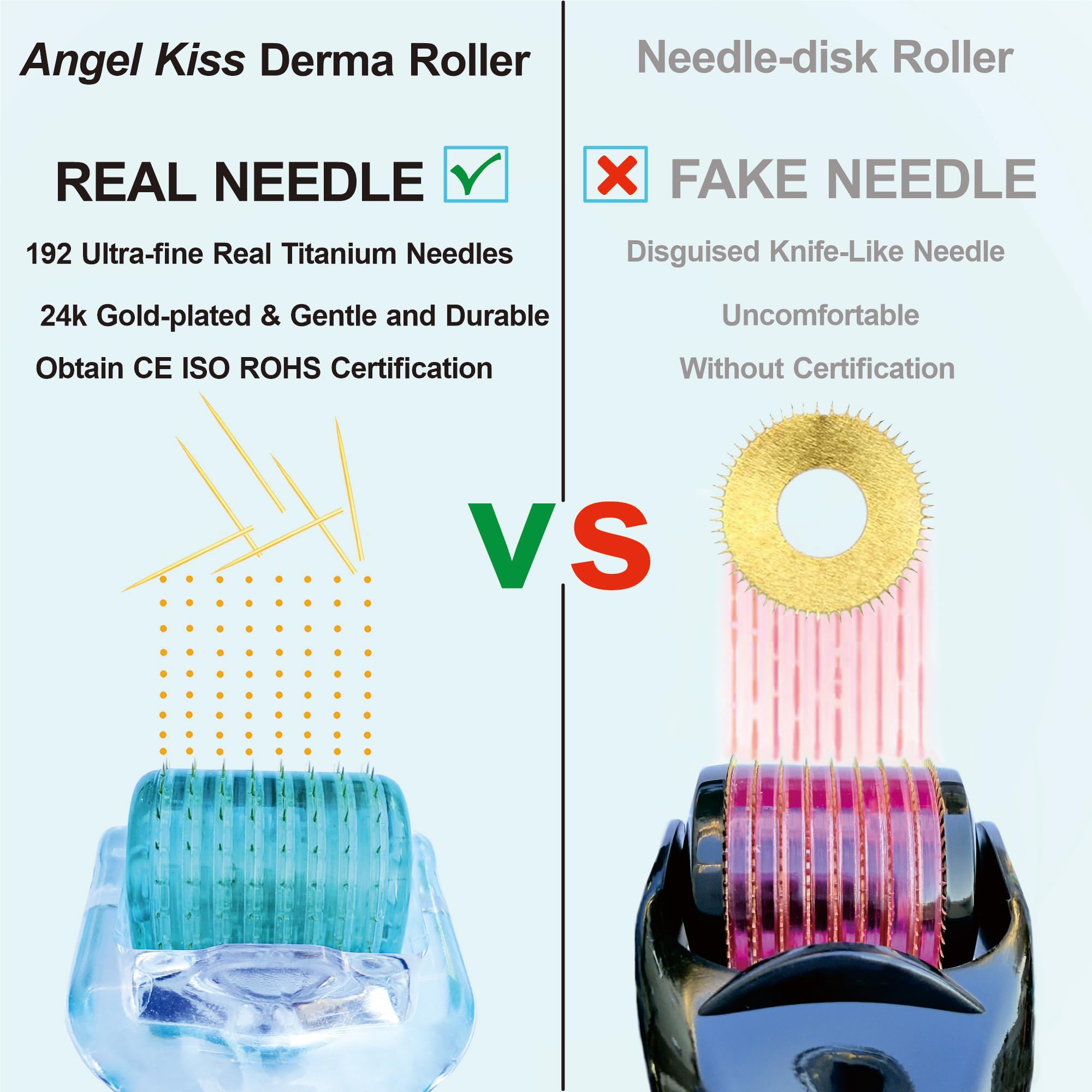 Angel Kiss Derma Roller ultrafine needles highlight precision for gentle skin gliding.