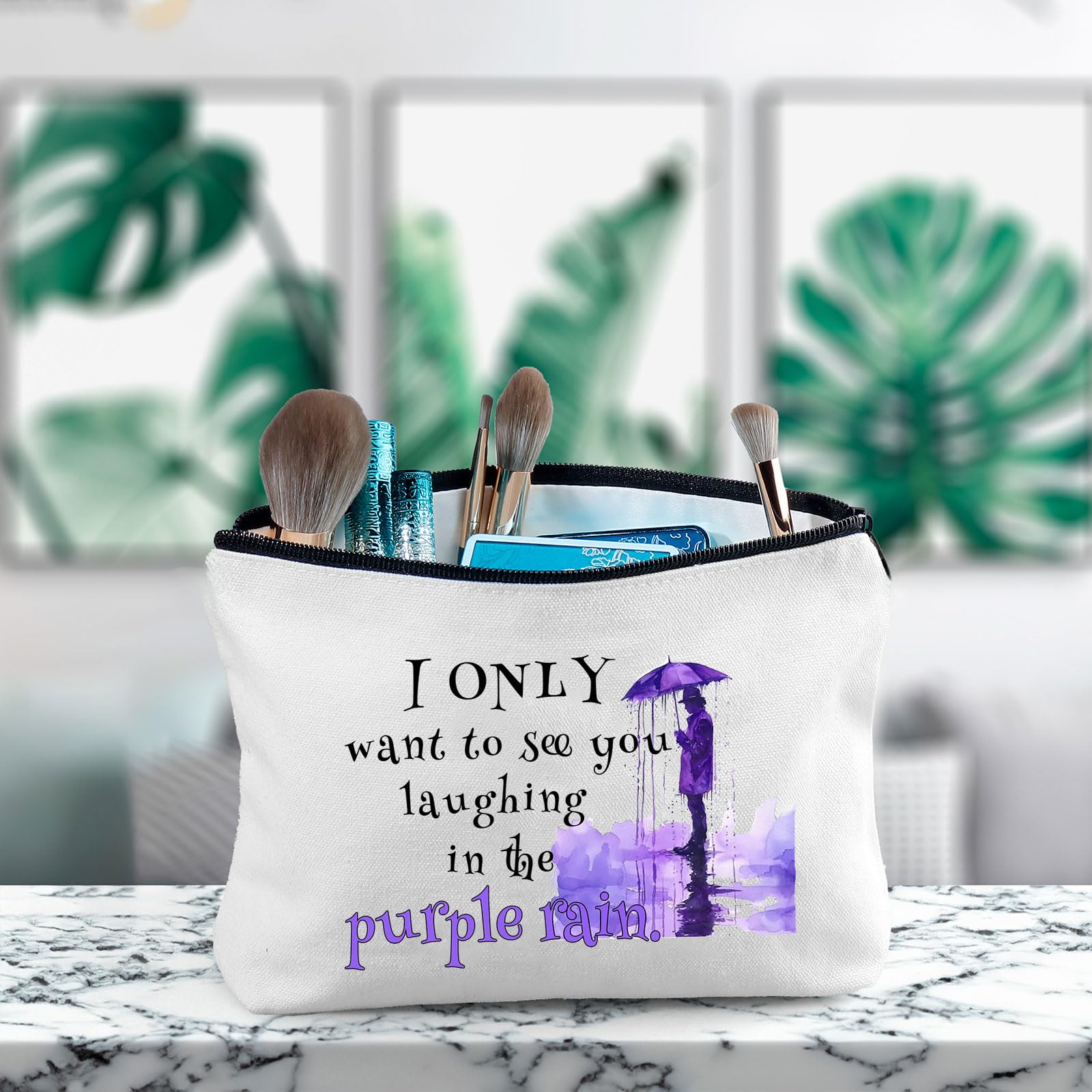 Angel's Draw Home purple rain makeup bag front view highlights spacious interior for cosmetics.
