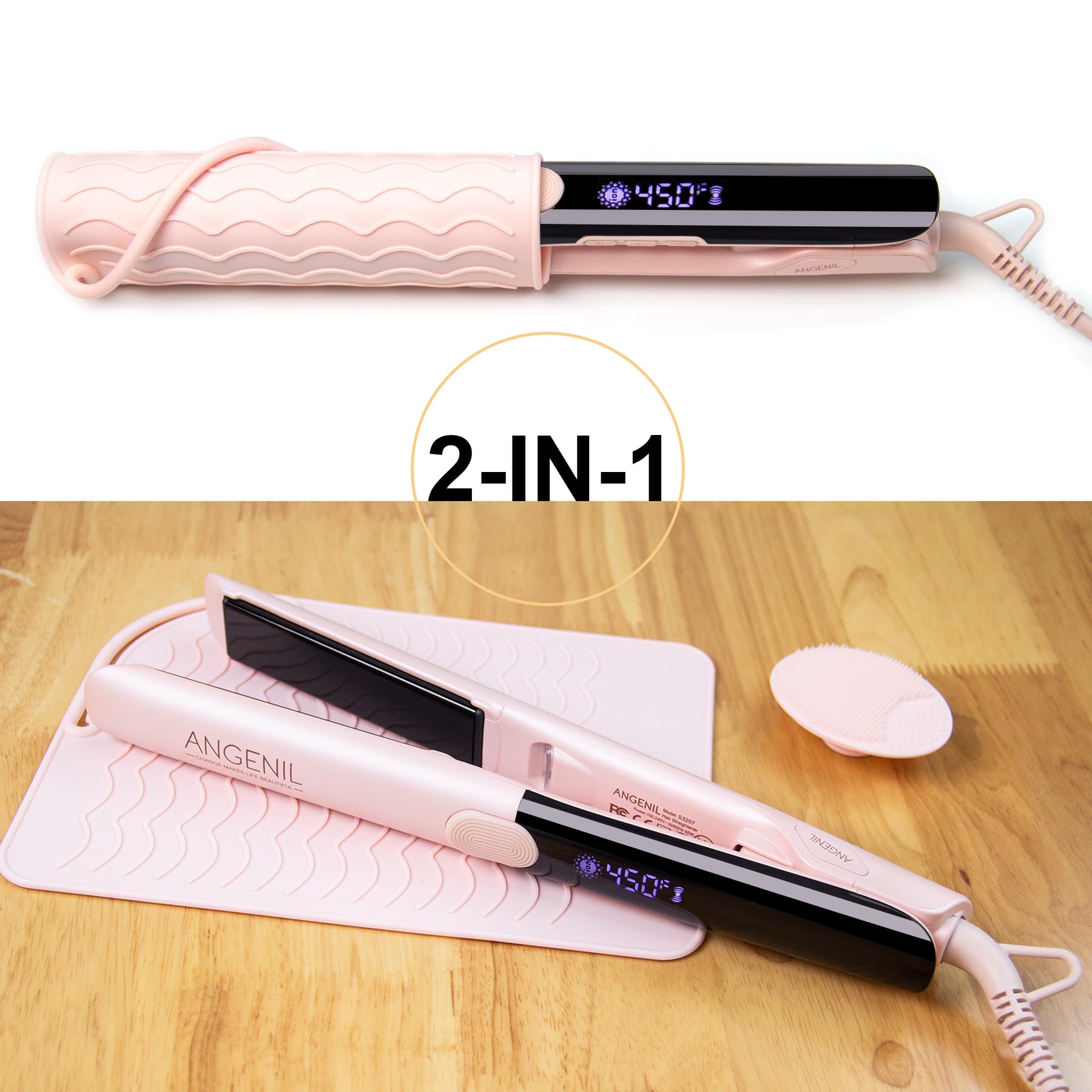 angenil pro round pink dual voltage hair straightener heat resistant mat included for safe storage