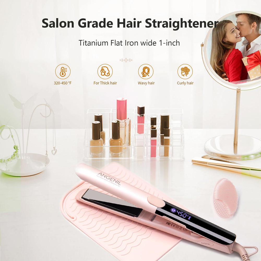 angenil pro round pink dual voltage hair straightener in use for curls and straight looks