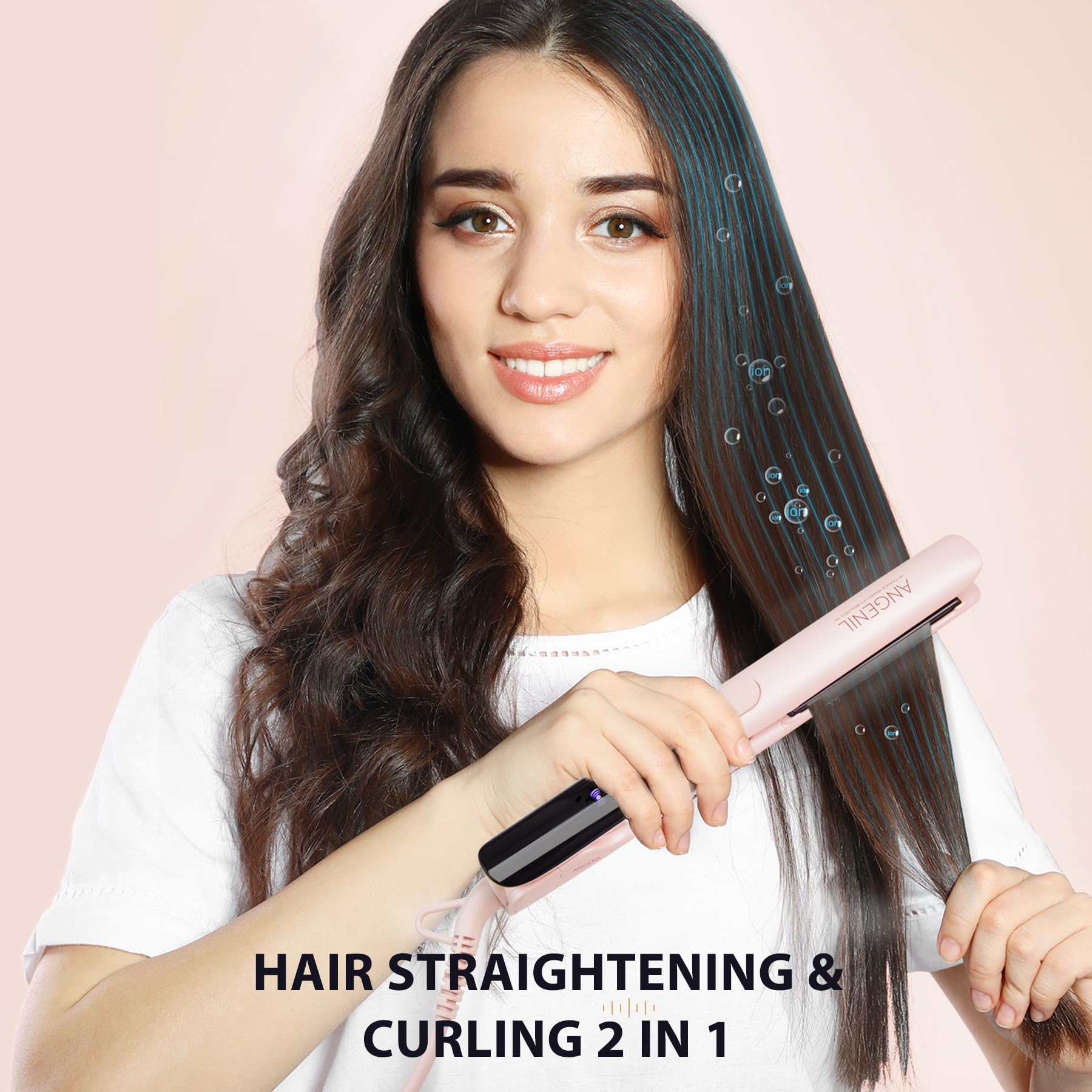 angenil pro round pink dual voltage hair straightener side view digital display shows temperature control