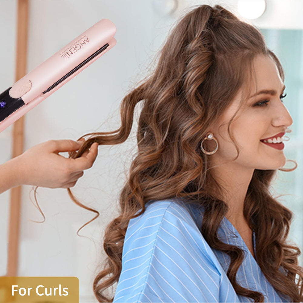 angenil pro round pink dual voltage hair straightener titanium 3d plates closeup deliver ultra-smooth glide