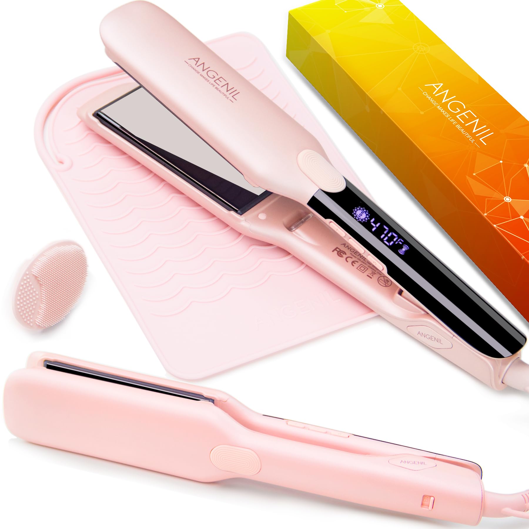 ANGENIL Pro Titanium Flat Iron plates close-up showing smooth heat distribution for frizz control