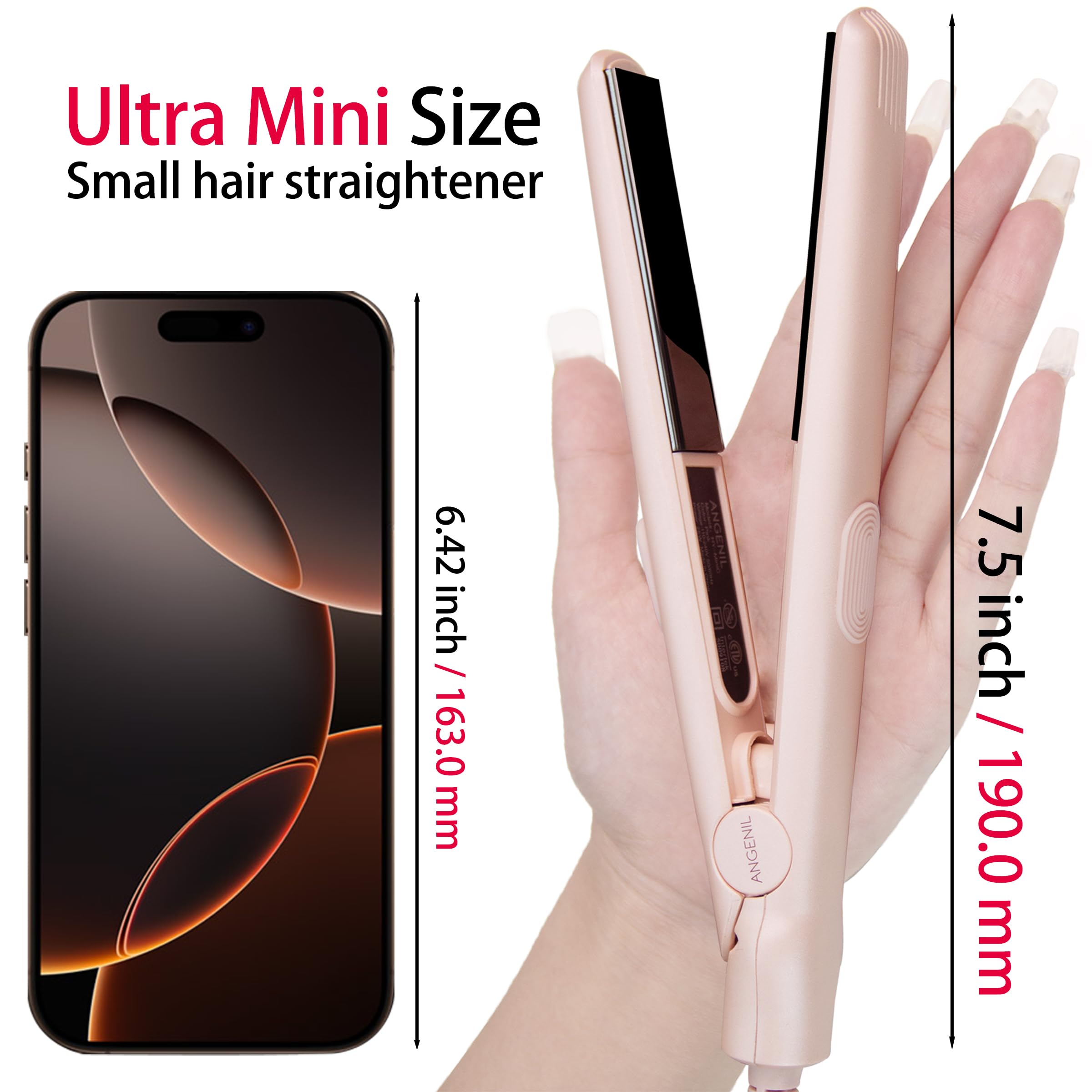 Angenil Ultra Mini Hair Straightener heat settings panel for precise, on-the-go styling