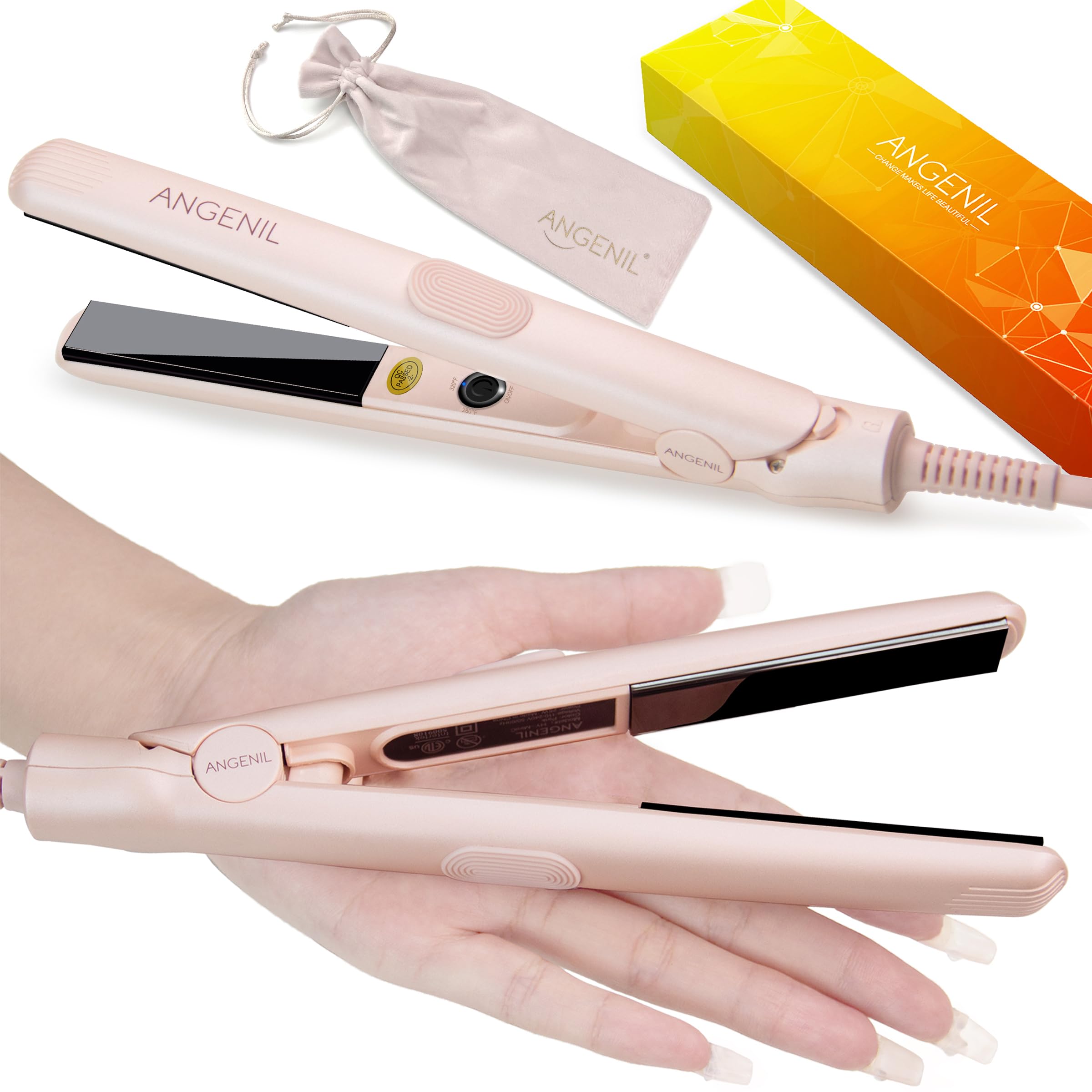 Angenil Ultra Mini Hair Straightener plates closeup, ceramic coating for smooth, frizz-free results